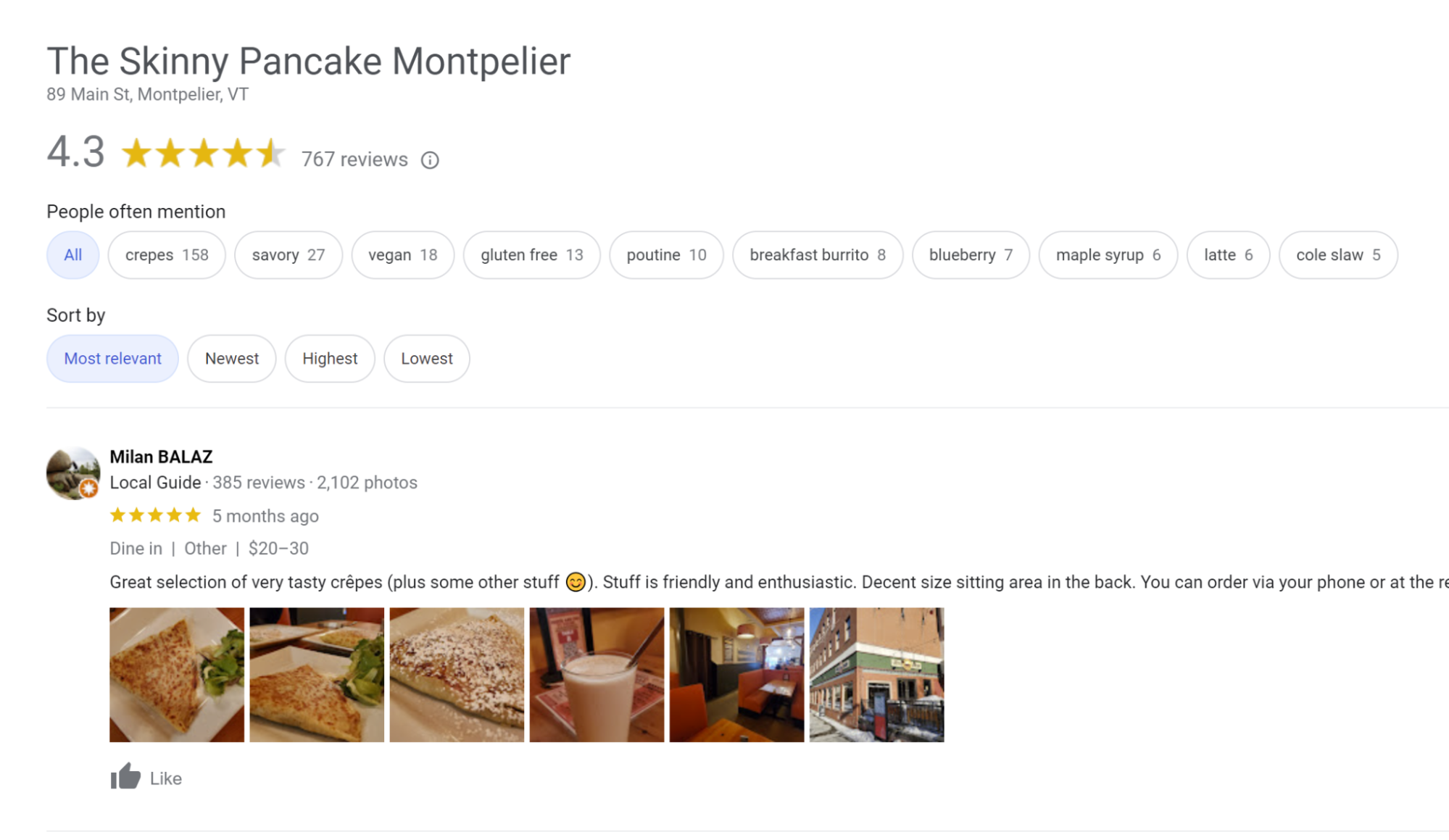 Screenshot of the review overlay of a Google Business profile showing a set of Place Topics drawn from reviews, including words like crepes, savory, vegan, and gluten free.